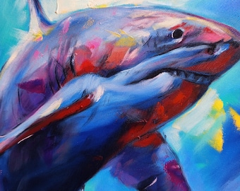 サメの油絵 - 海の野生動物のウォールアート、海洋生物のキャンバス