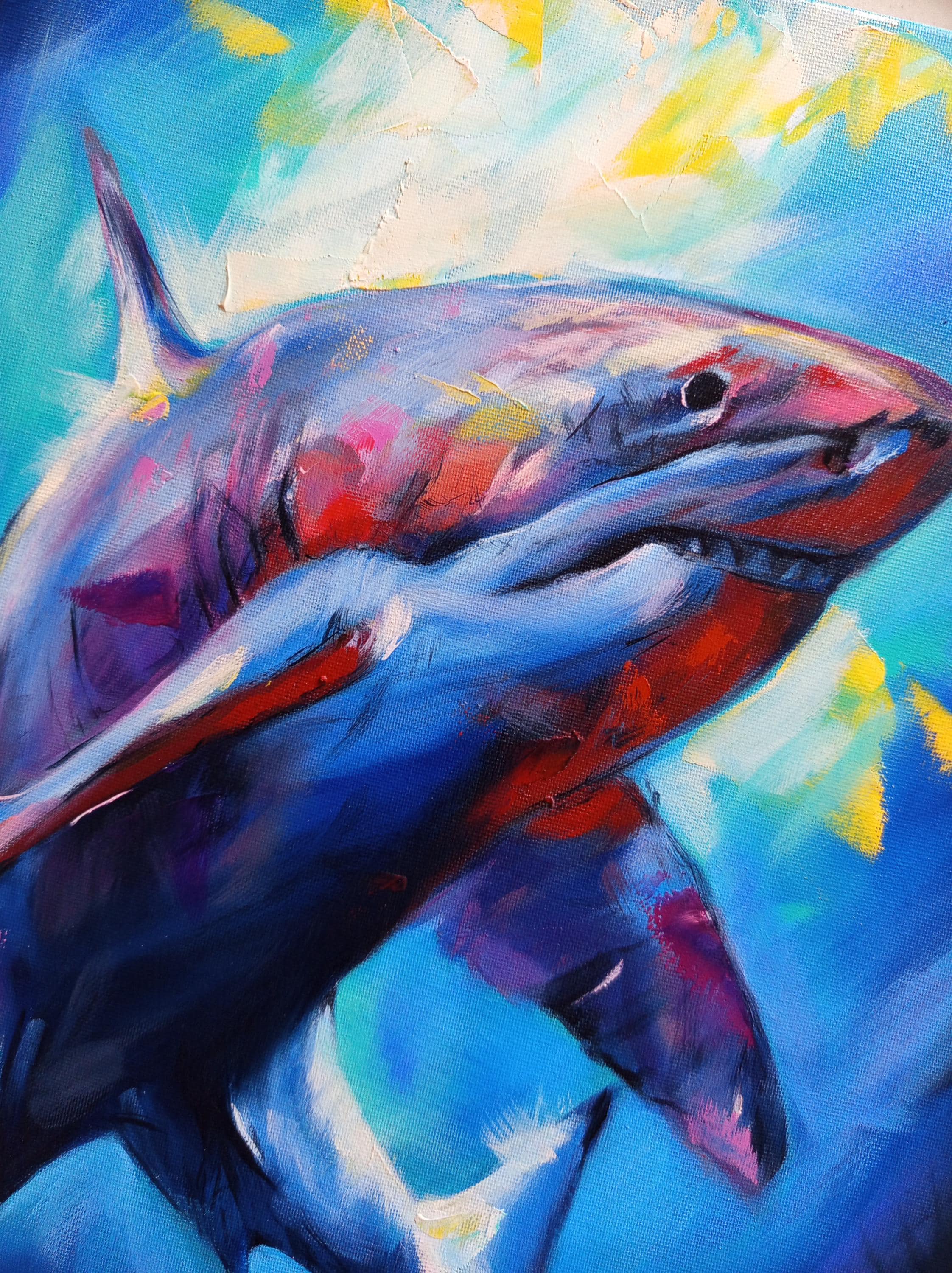 サメの油絵 - 海の野生動物のウォールアート、海洋生物のキャンバス