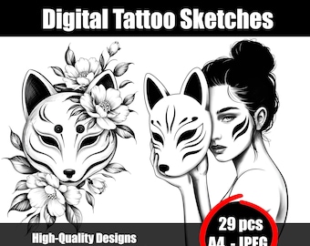 Kitsune Mask Tattoo Sketch 2 – Japanese Fox Spirit Tattoo Design, Mythical Yokai Line Art, Elegant Cultural Ink, Printable Tattoo Idea