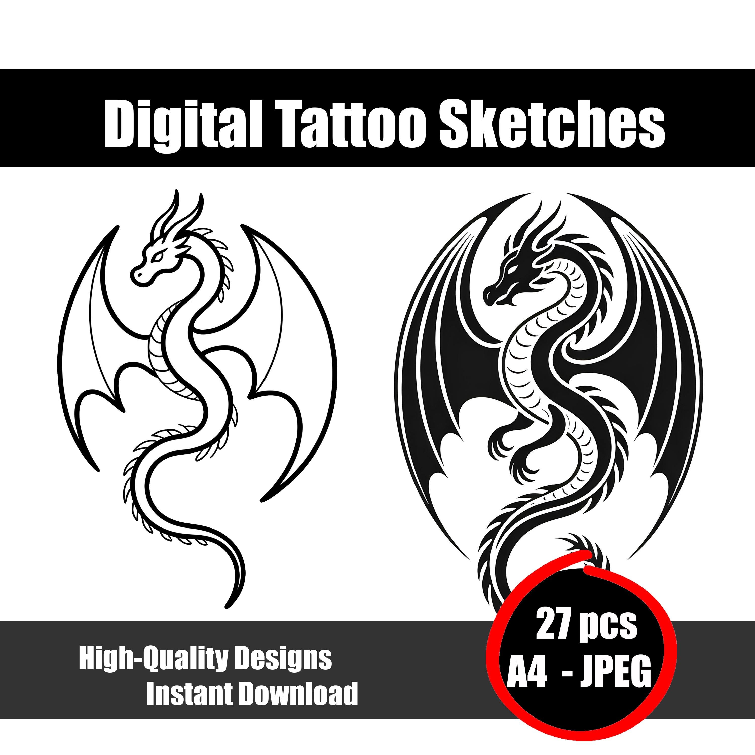 ドラゴンタトゥーのスケッチ - 神話上の生き物の線画、ミニマリスト