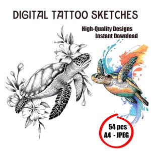 Turtle Tattoo Sketch | Sea Turtle Tattoo Design | Ocean Animal Line Art Flash | Marine Life Ink Drawing | Instant Download Tattoo Sketch