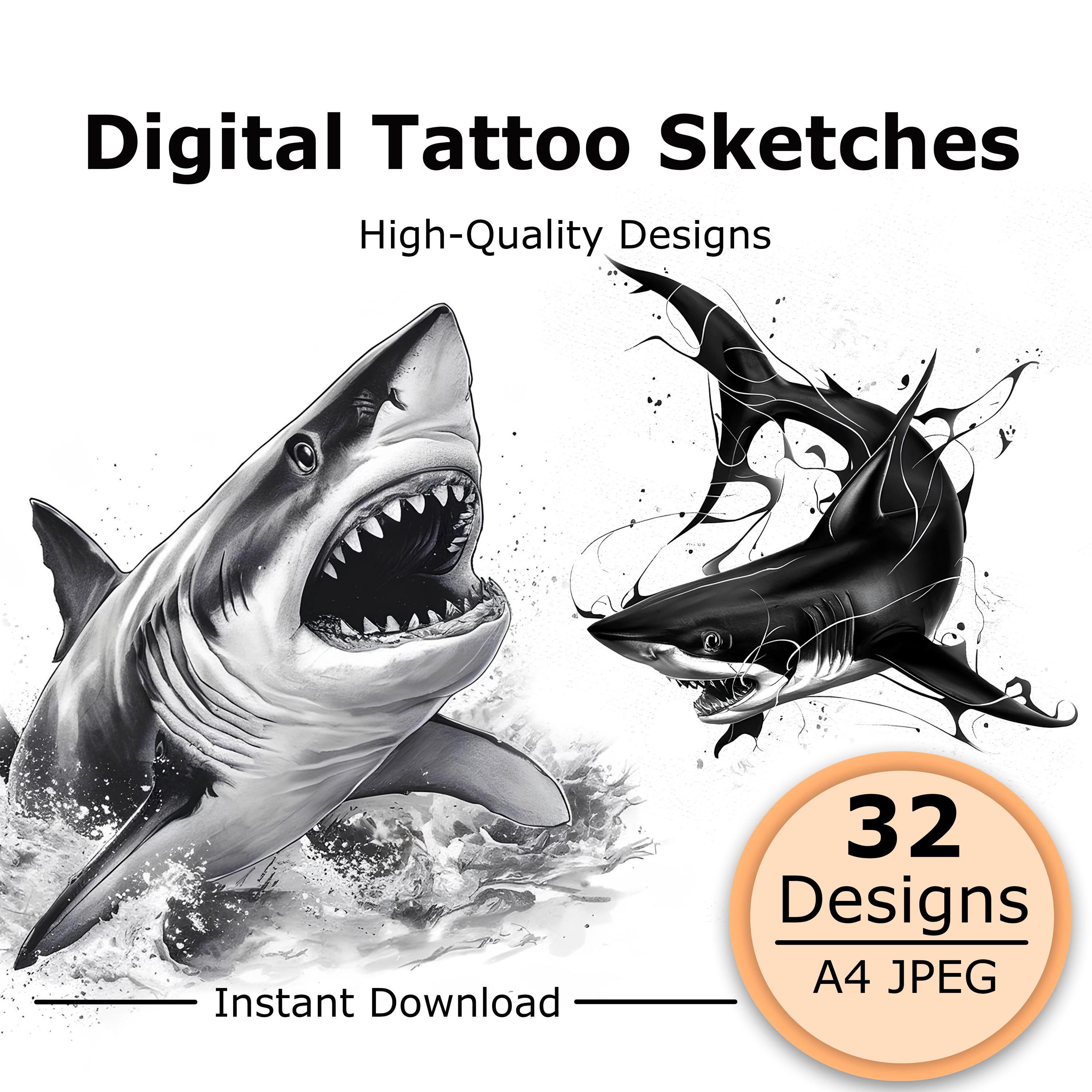 Shark Tattoo Flash Bundle, Ocean Predator Stencil, Great White