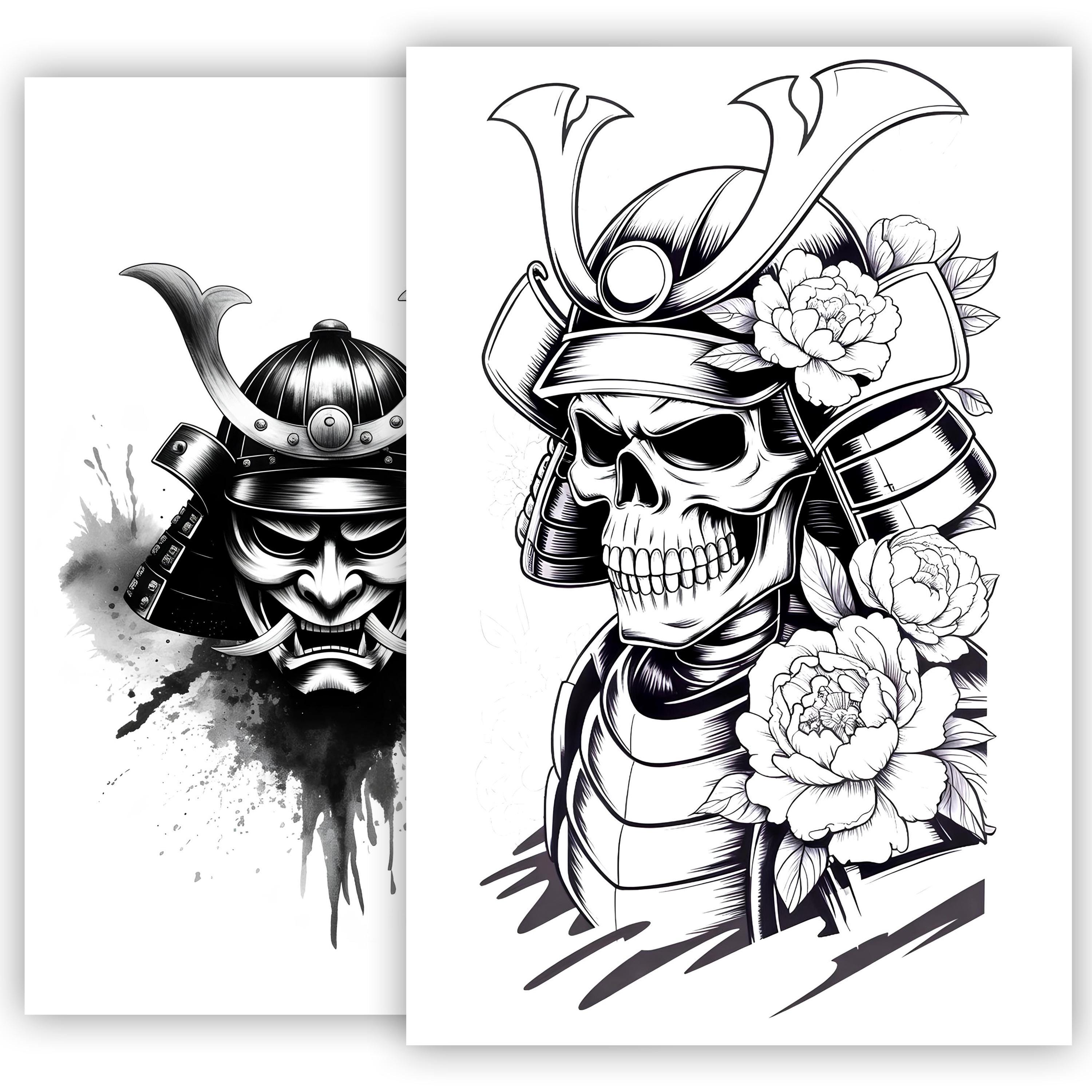勇ましい侍のタトゥースケッチ｜伝統的な日本の武士の線画デザイン