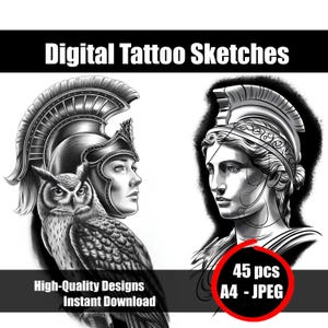 Athena Tattoo Sketch – Greek Goddess Line Art, Warrior Woman Tattoo Design, Wisdom Symbol, Printable Flash, Digital Download
