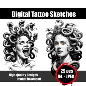 May include: Digital tattoo sketches featuring two Medusa illustrations. One shows Medusa with an open mouth, the other with a neutral expression. The image includes the text "Digital Tattoo Sketches", "High-Quality Designs Instant Download", and "29 pcs A4 - JPEG".