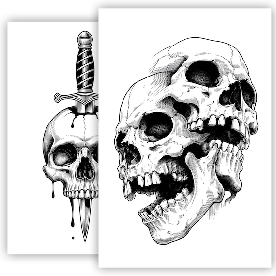 スカルタトゥーのスケッチ | 手描きのスカルタトゥーのデザイン