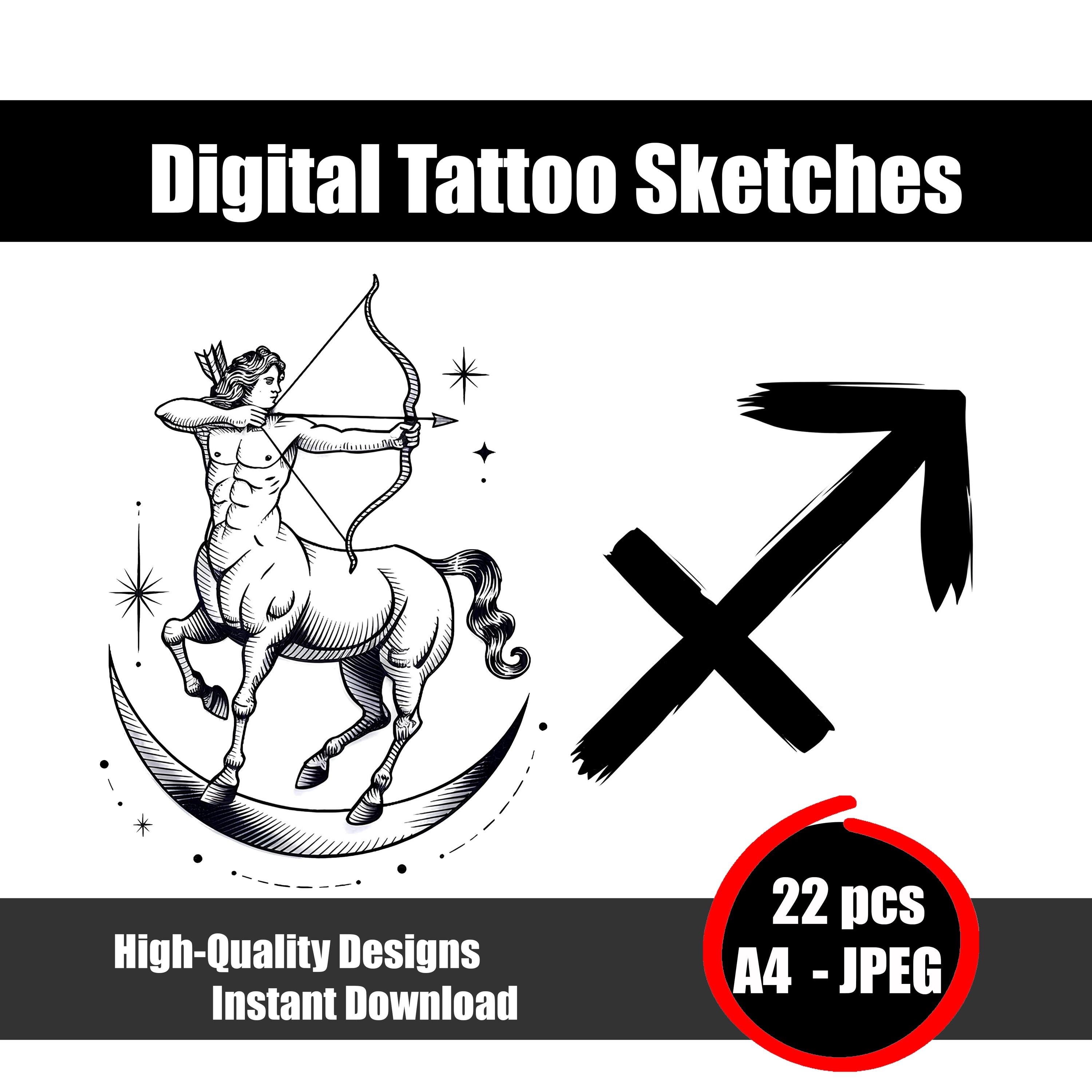 射手座の星座タトゥースケッチ - 射手座シンボルのラインアート