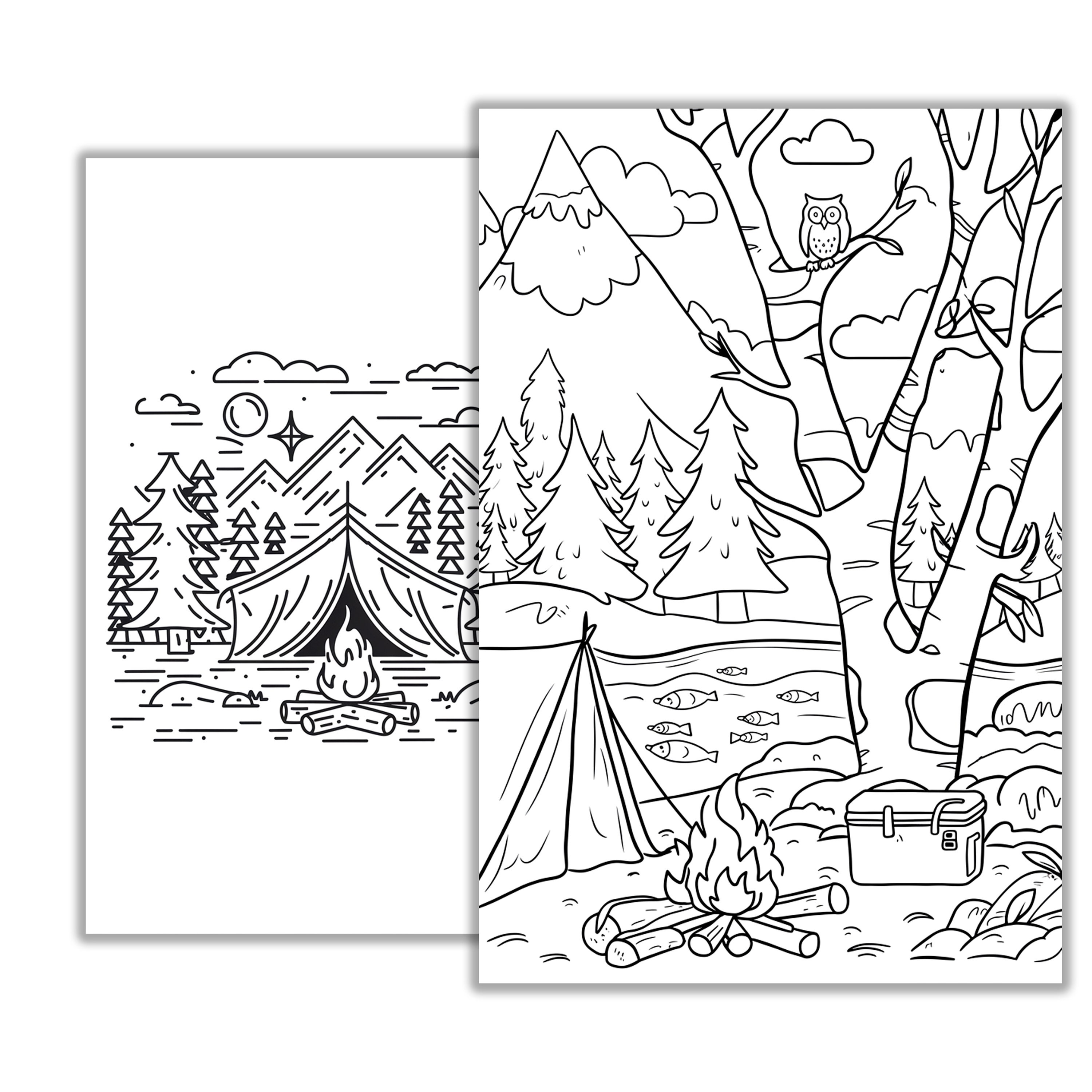 キャンプの塗り絵 – アウトドアアドベンチャー、テントやキャンプファイヤーのアクティビティシート、子供と大人向けの自然塗り絵 - Etsy 日本, image size:3000x3000