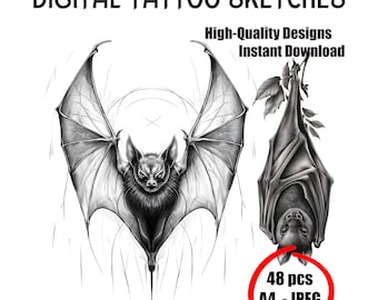 Bat Tattoo Sketch - Gothic Bat Design for Dark Art & Nature Lovers - Customizable Bat Wing Flash Art for Tattoo Enthusiasts,Digital Download
