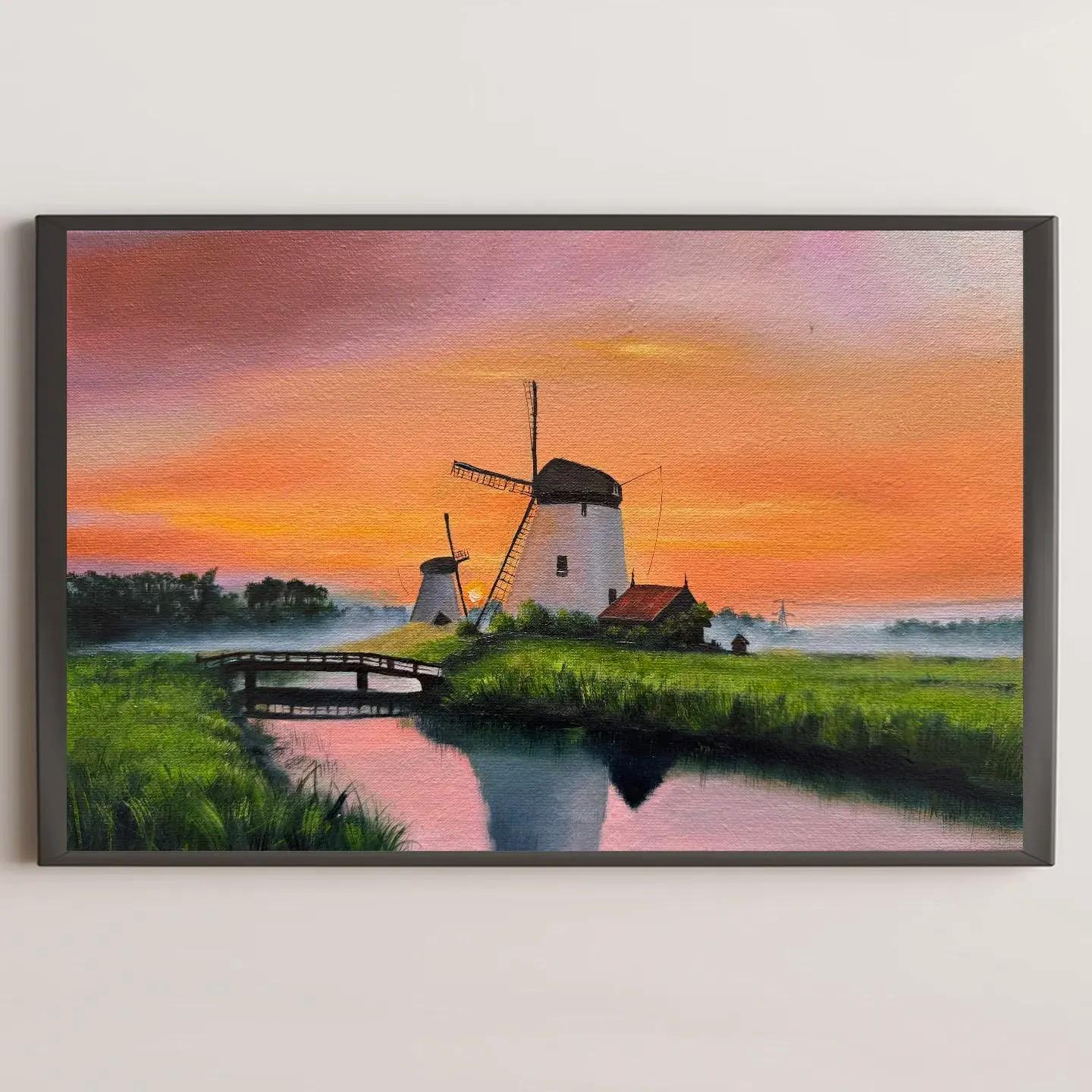 風車の風景油絵、オランダの田園風景の夕日、田園風景の壁画、伝統的な
