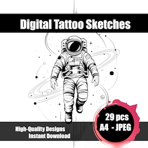 Astronaut Tattoo Sketch – Cosmic Space Explorer Line Art, Minimalist Astronaut Tattoo Design, Fine Line Space Tattoo Flash, Printable Tattoo