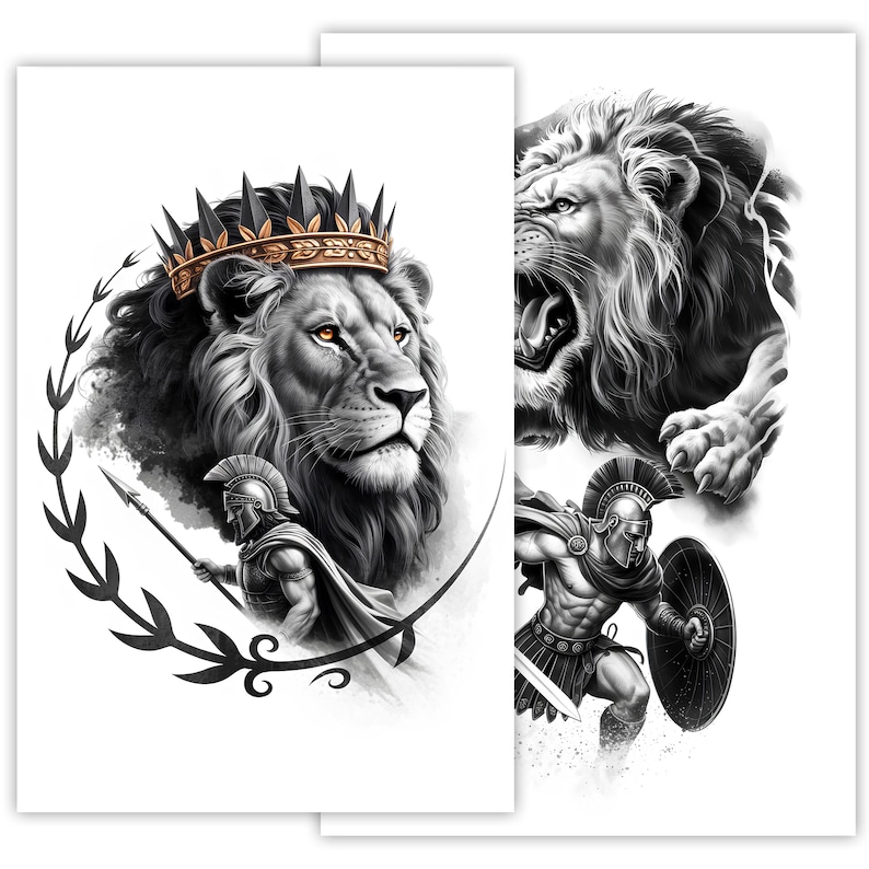 Lion and Warrior Tattoo Sketch, Spartan Warrior With Lion Line Art ...