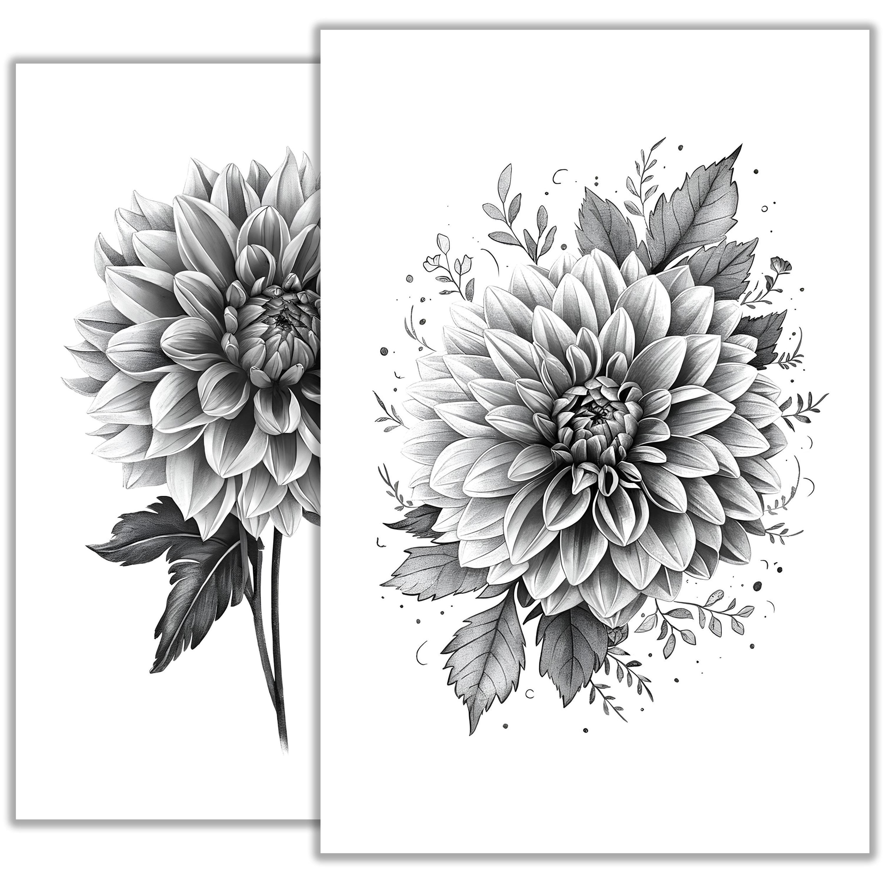 絵画　Dahlia Dahlia Tattoo Sketch - Intricate Floral Design for Tattoo