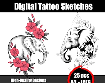 象の曼荼羅タトゥースケッチ - スピリチュアルな線画、装飾的な象の