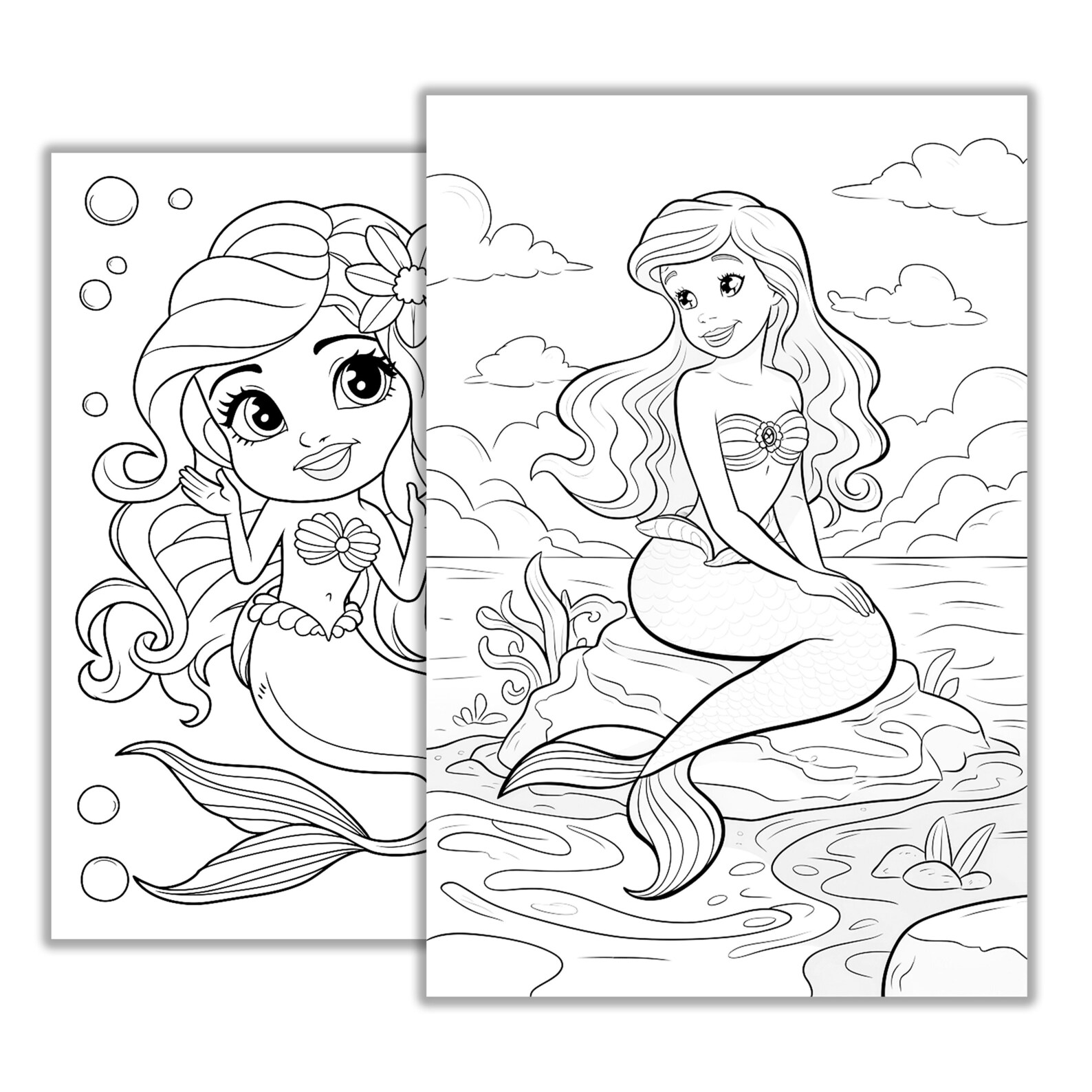 Mermaid Cartoon Coloring Pages – Cute Printable Fantasy Coloring Sheets ...