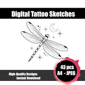 Puede incluir: Bocetos de tatuajes digitales en blanco y negro con una libélula, estrellas y una luna creciente. La imagen incluye el texto "Digital Tattoo Sketches", "High-Quality Designs Instant Download" y "43 pcs A4 - JPEG".