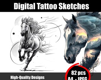 馬のタトゥースケッチ – エレガントな馬術ラインアート、優美な馬の