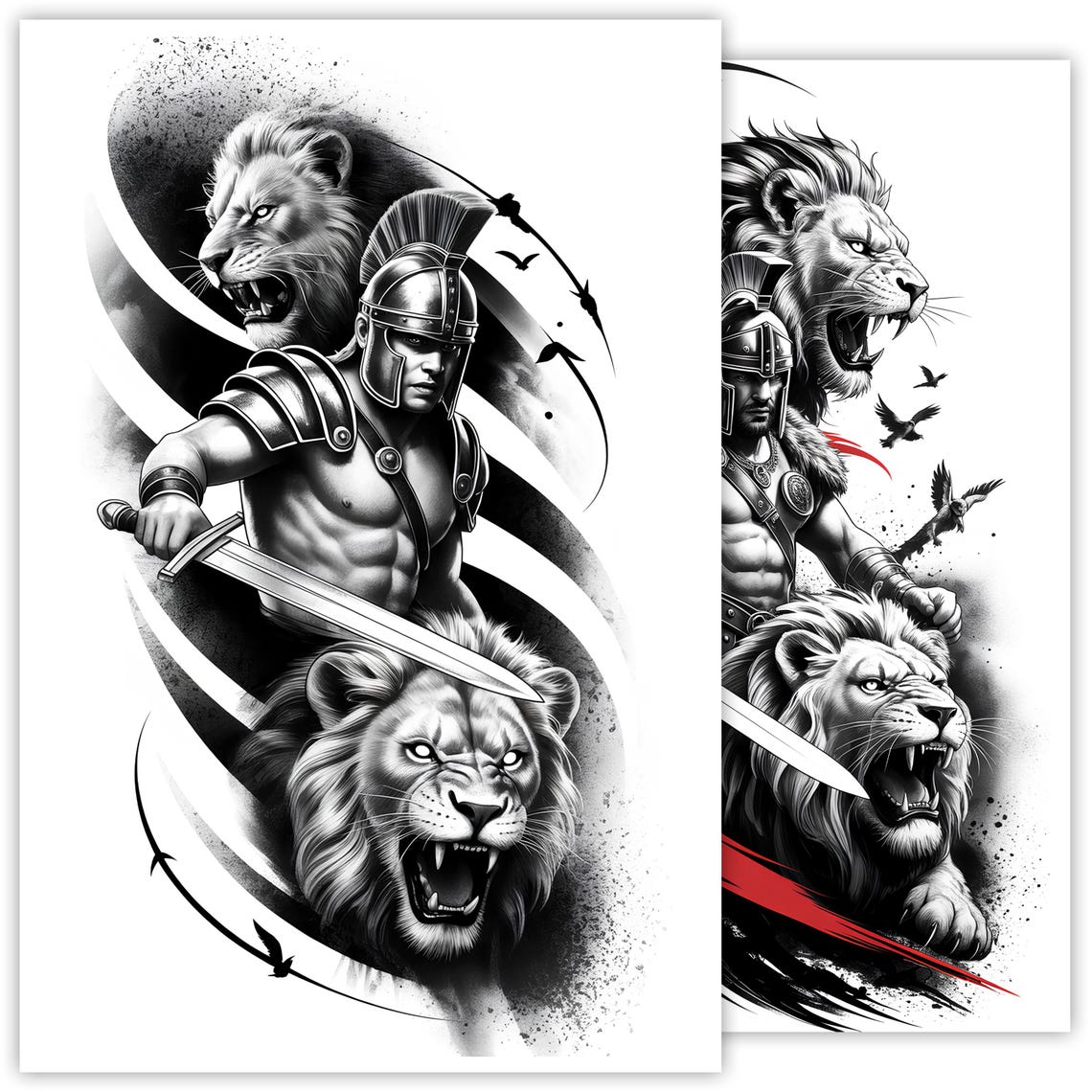 Lion and Warrior Tattoo Sketch, Spartan Warrior With Lion Line Art ...