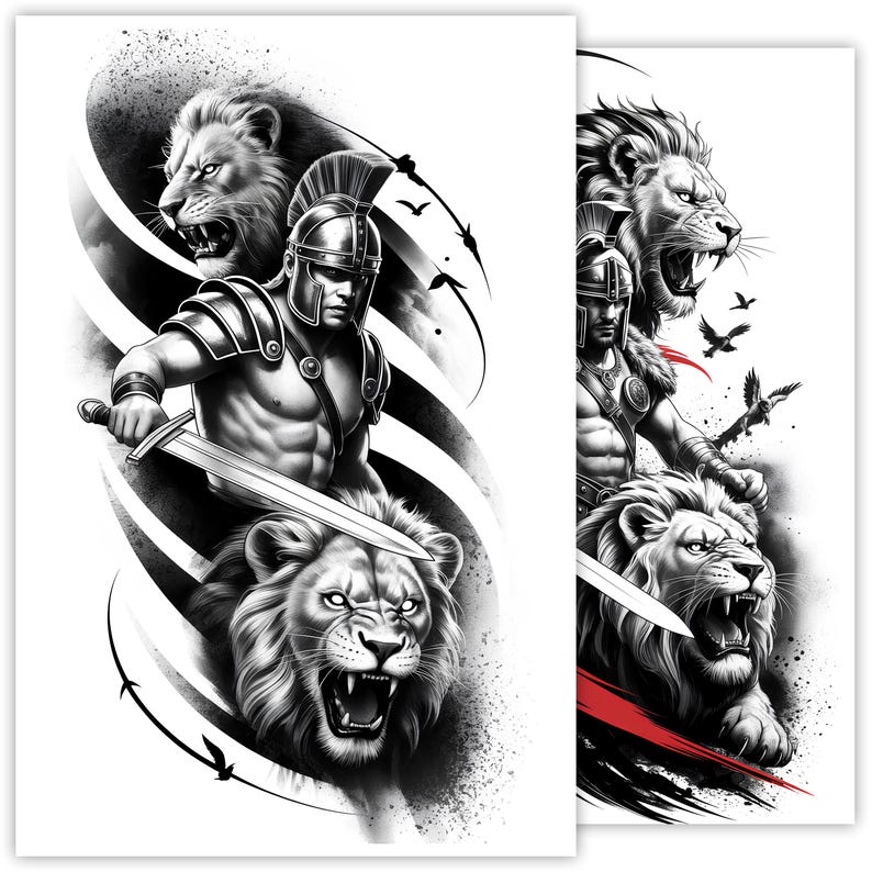 Lion and Warrior Tattoo Sketch, Spartan Warrior With Lion Line Art ...