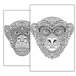 May include: Two black and white line drawings of monkey faces with intricate patterns. The monkey faces are detailed with eyes, nose, and mouth.