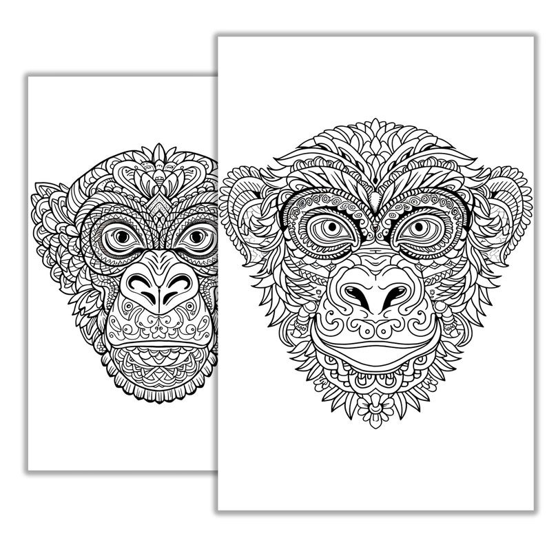 May include: Two black and white line drawings of monkey faces with intricate patterns. The monkey faces are detailed with eyes, nose, and mouth.