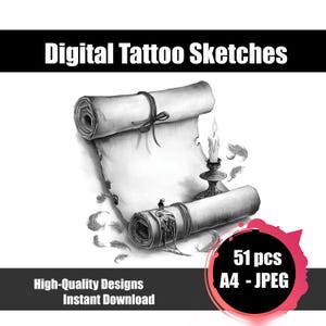 Boceto de tatuaje de pergamino – Diseño de tatuaje de pergamino vintage, arte con tinta de papel antiguo, diseño de tatuaje de línea fina, descarga digital