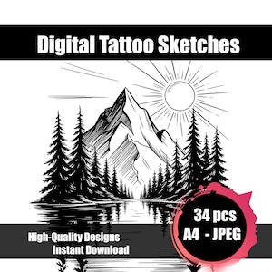 Mountain Tattoo Sketch #2 – Minimalist Nature-Inspired Blackwork Line Art, Mountain Scene Tattoo Design, Instant Digital Download