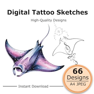 May include: Digital tattoo sketches featuring a watercolor illustration of a manta ray with purple and blue hues, and a black line art design. The image includes the text "Digital Tattoo Sketches", "High-Quality Designs", "Instant Download", and a badge that says "66 Designs A4 JPEG".