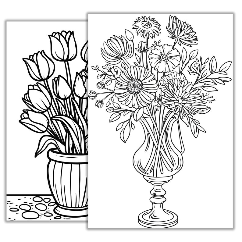 Flowers in a Vase Coloring Page – Printable Floral Art, Relaxing ...