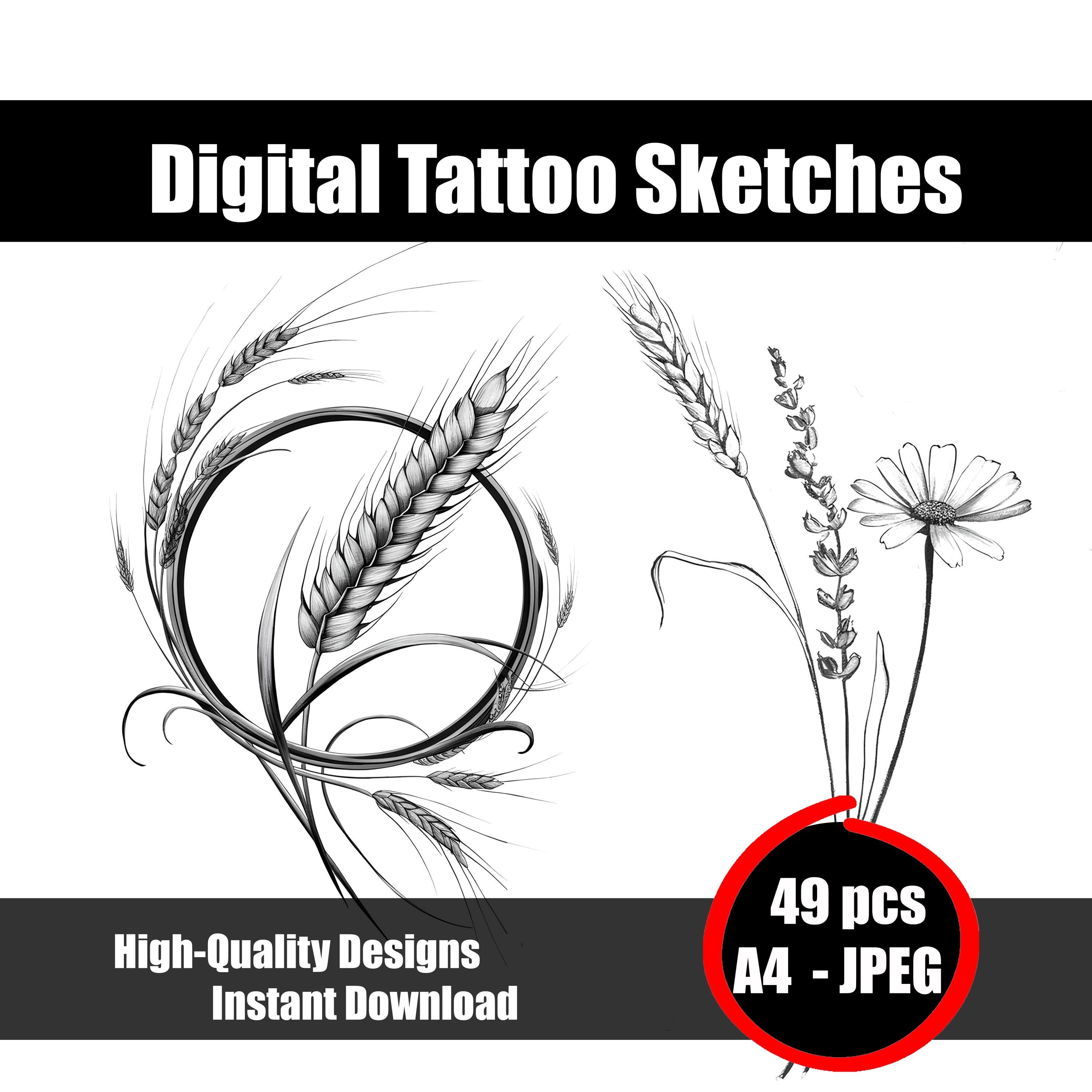 麦の穂のタトゥースケッチ - ミニマルな線画デザイン、白黒植物風タトゥーのアイデア、ユニークな自然のシンボル デジタルダウンロード - Etsy 日本, image size:3000x3000