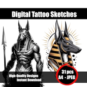 Puede incluir: Bocetos de tatuajes digitales con dos diseños de Anubis. Uno es una ilustración detallada en blanco y negro de Anubis sosteniendo una lanza. El otro es un perfil de Anubis con detalles dorados y negros. La imagen incluye el texto "High-Quality Designs Instant Download" y "31 pcs A4 - JPEG".