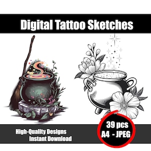 Witch Cauldron Tattoo Sketch – Magical Potion Pot Line Art, Blackwork or Gothic Flash Design, Halloween-Inspired Ink, Instant Download