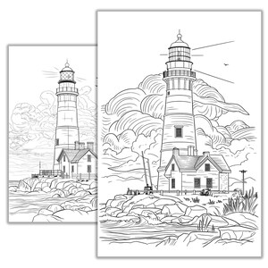 Puede incluir: Un dibujo en blanco y negro de un faro en una costa rocosa. El faro tiene una torre alta con una peque&ntilde;a casa en su base. El dibujo incluye un cielo nublado y una masa de agua.