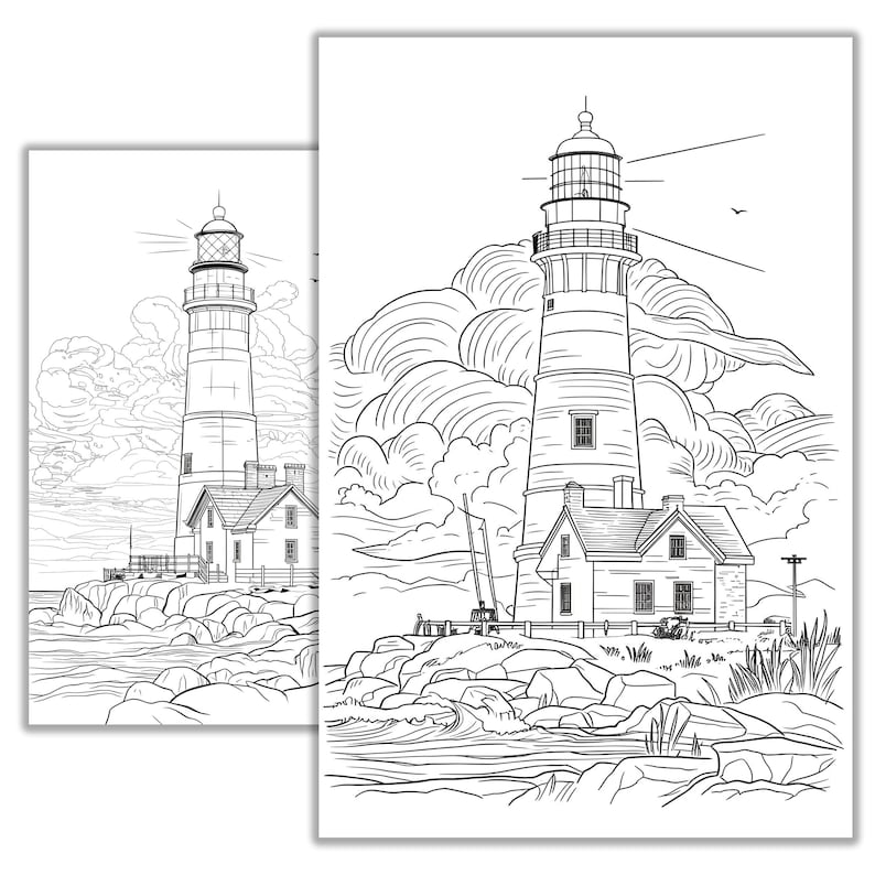 Puede incluir: Un dibujo en blanco y negro de un faro en una costa rocosa. El faro tiene una torre alta con una peque&ntilde;a casa en su base. El dibujo incluye un cielo nublado y una masa de agua.