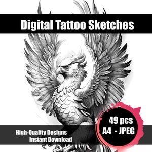 Phoenix Tattoo Sketch - Mythical Bird Line Art Design - Rebirth & Fire Flash Drawing - Fantasy Ink Art - Instant Download Printable