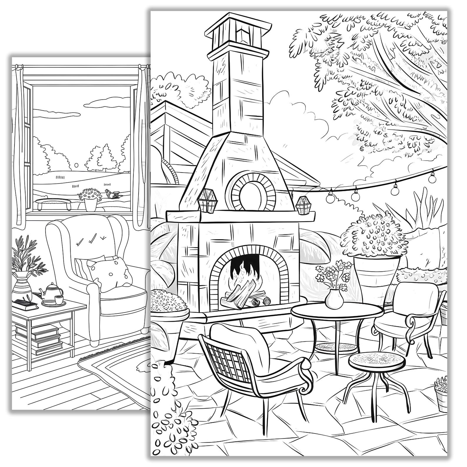 Fireplace Coloring Page – Cozy Home Scene Printable for Kids and Adults ...