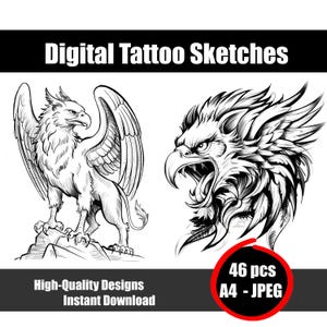 Griffin Tattoo Sketch - Mythical Creature Line Art Design - Legendary Beast Flash Drawing - Fantasy Ink Art - Instant Download Printable