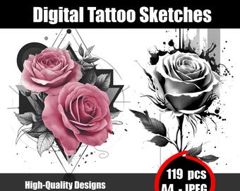 バラのタトゥースケッチ – エレガントな花柄デザイン、植物の