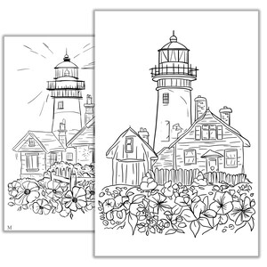Puede incluir: Un dibujo en blanco y negro de un faro con una casa y flores delante. El faro tiene una torre alta con un peque&ntilde;o techo y una valla alrededor. La casa es un peque&ntilde;o edificio de una planta con una puerta y ventanas. Las flores est&aacute;n en flor y tienen muchos p&eacute;talos.
