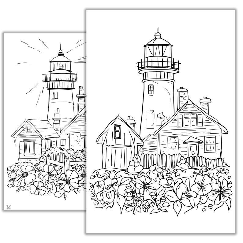 Puede incluir: Un dibujo en blanco y negro de un faro con una casa y flores delante. El faro tiene una torre alta con un peque&ntilde;o techo y una valla alrededor. La casa es un peque&ntilde;o edificio de una planta con una puerta y ventanas. Las flores est&aacute;n en flor y tienen muchos p&eacute;talos.