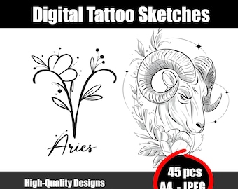 Aries Tattoo Sketch | Zodiac Ram Line Art Design | Astrological Tattoo Flash | Minimalist Aries Symbol Tattoo Printable