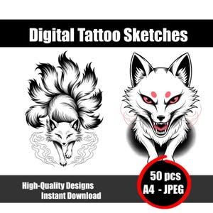 Kitsune Tattoo Sketch – Japanese Fox Spirit Tattoo Design, Mythical Yokai Line Art Drawing, Unique Fox Tattoo Idea