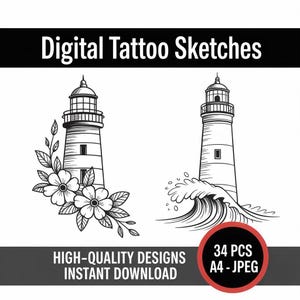 May include: Black and white digital tattoo sketches featuring two lighthouse designs. One lighthouse is adorned with flowers and leaves, the other with a wave. The image includes the text "Digital Tattoo Sketches", "High-Quality Designs Instant Download", and "34 PCS A4 - JPEG".
