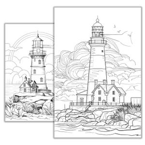 Puede incluir: Un dibujo en blanco y negro de dos faros en una costa rocosa con un cielo nublado. Los faros son altos y delgados con ventanas y un techo puntiagudo. La costa es rocosa y el agua est&aacute; agitada.