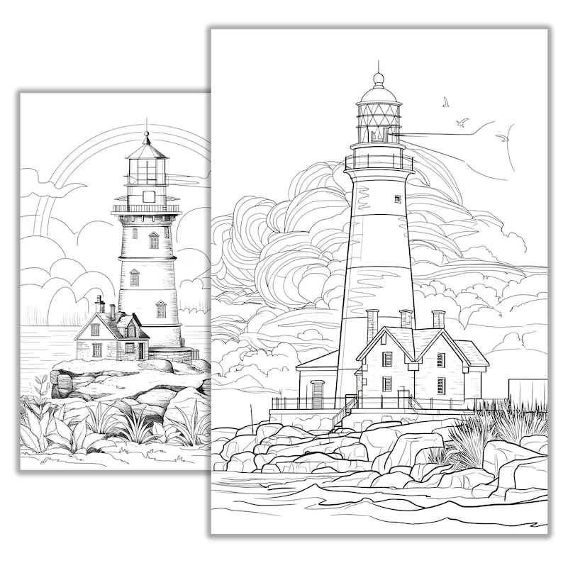 Puede incluir: Un dibujo en blanco y negro de dos faros en una costa rocosa con un cielo nublado. Los faros son altos y delgados con ventanas y un techo puntiagudo. La costa es rocosa y el agua est&aacute; agitada.