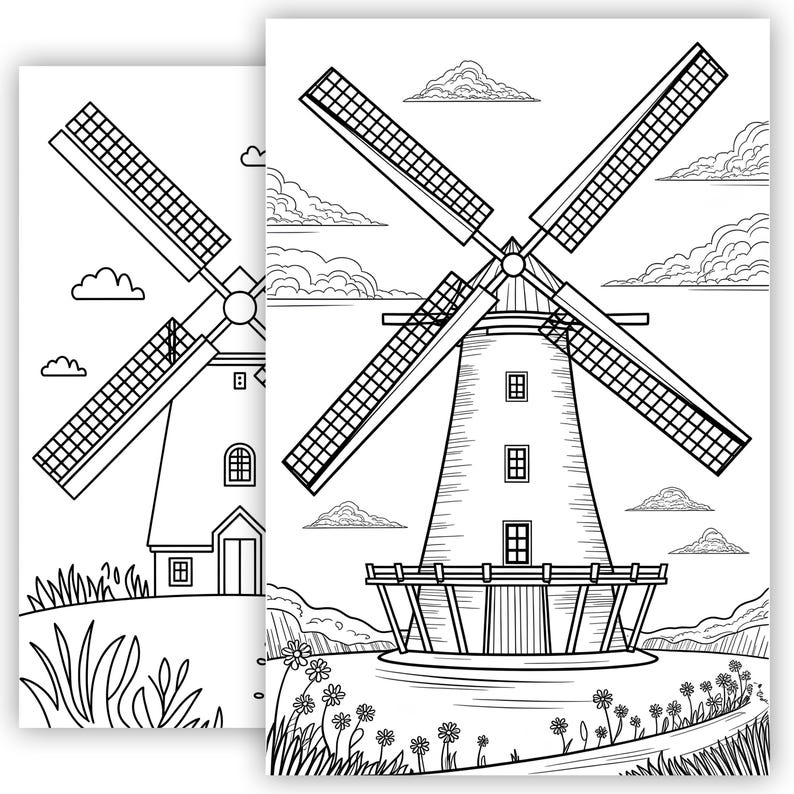 Windmill Coloring Page 2 | Printable Landscape Adult Coloring Sheet ...