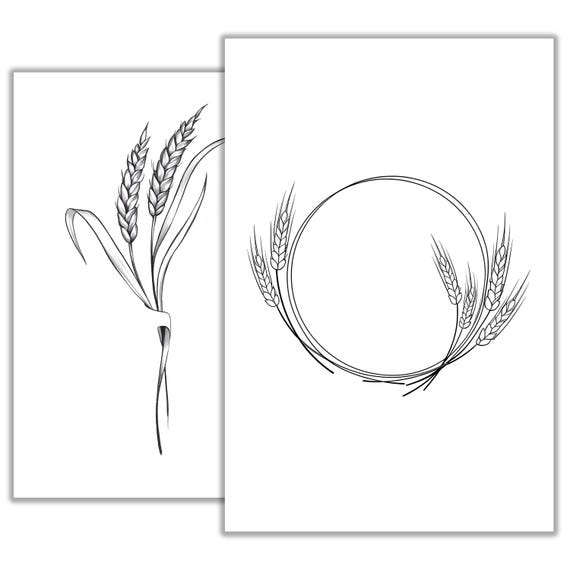 麦の穂のタトゥースケッチ - ミニマルな線画デザイン、白黒植物風