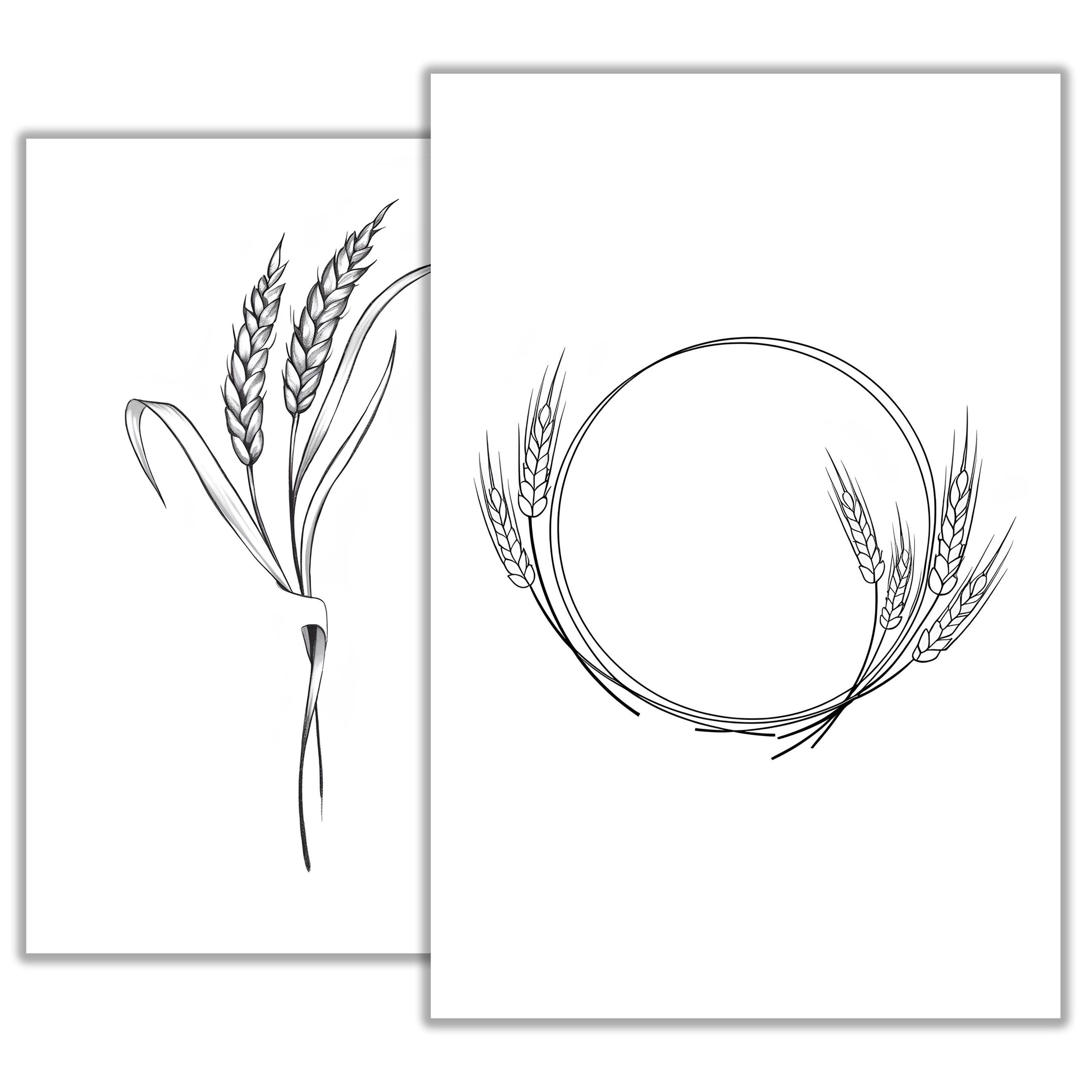 麦の穂のタトゥースケッチ - ミニマルな線画デザイン、白黒植物風