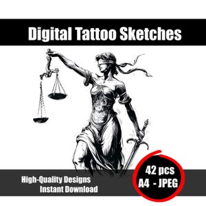 Boceto de tatuaje de Themis Justice: Diosa de la Ley, balanza, diseño de arte lineal para tatuaje, descarga instantánea