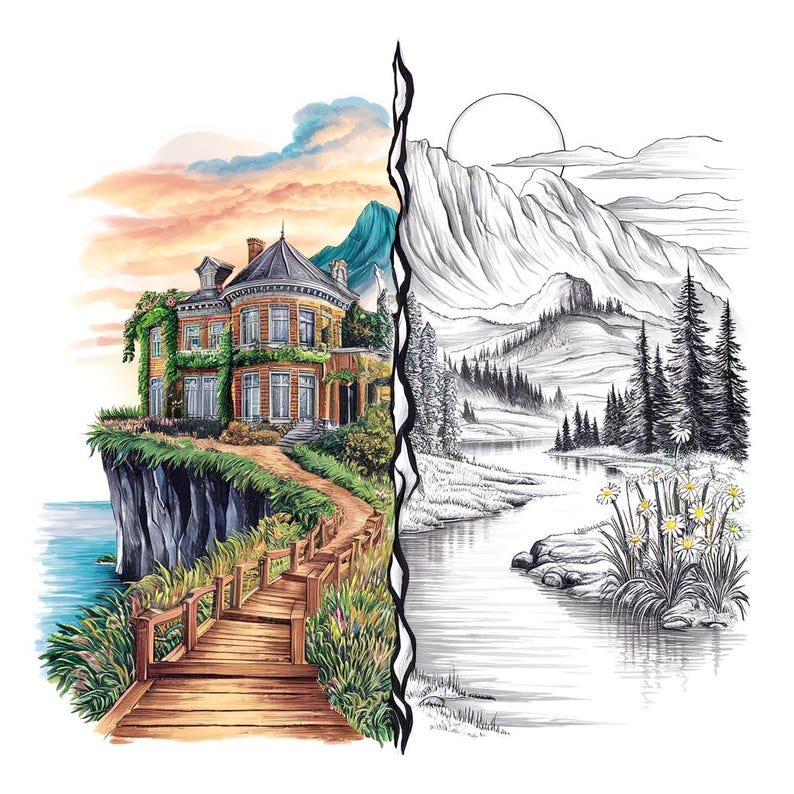 Landscape Coloring Page | Printable Nature Art for Relaxation &amp; Creativity - Etsy